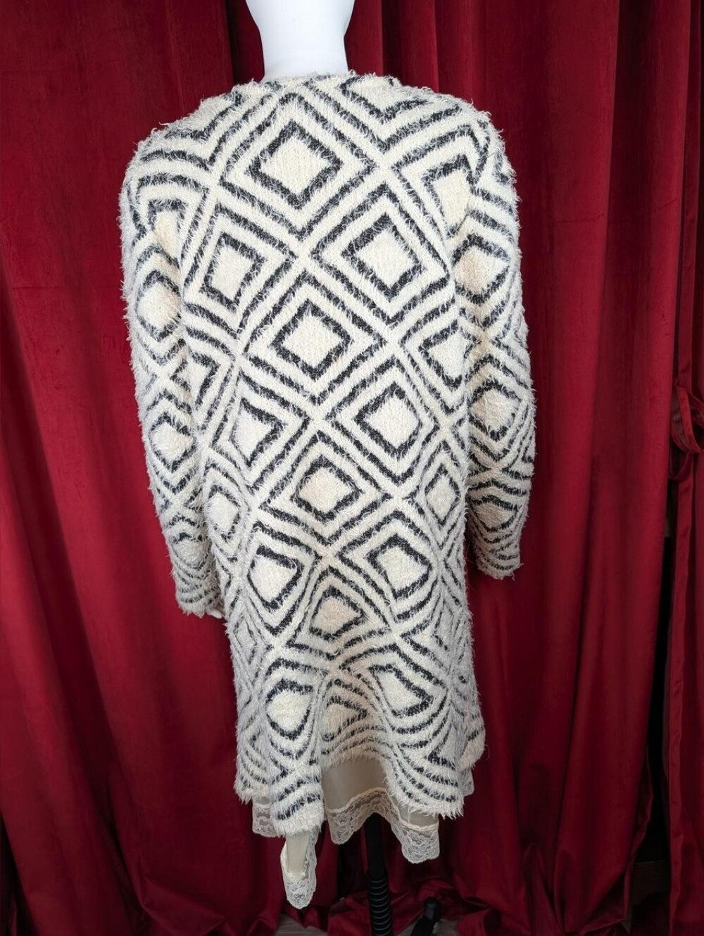 August Silk White & Black Eyelash Knit Diamond Pattern Fuzzy Long Cardigan - Picture 3 of 8